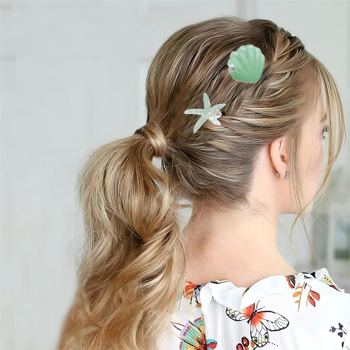 Photo 1 of 1Set Dopamine Mint Green Mermaid & Beach Hair Clips Set for Women - Starfish, Seashell, Pearl Hair Clips Hair Accessories for Girls Fall Winter Beach Party or Parties Prom
