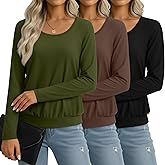 Velvelhall 3 Pack Women's Long Sleeve Shirts Scoop Neck Tops Fit Banded Hem Loose Basic Tee Soft Undershirt Fall Layering