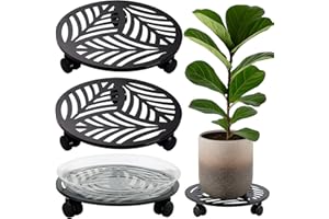 PLANTERHOMA 2 Packs Large Metal Plant Caddy with PU Wheels 12" Heavy-Duty Wrought Iron Rolling Plant Stands Indoor Outdoor Wheeled Plant Dolly Planter Mover Rollers Plant, Leaf Style