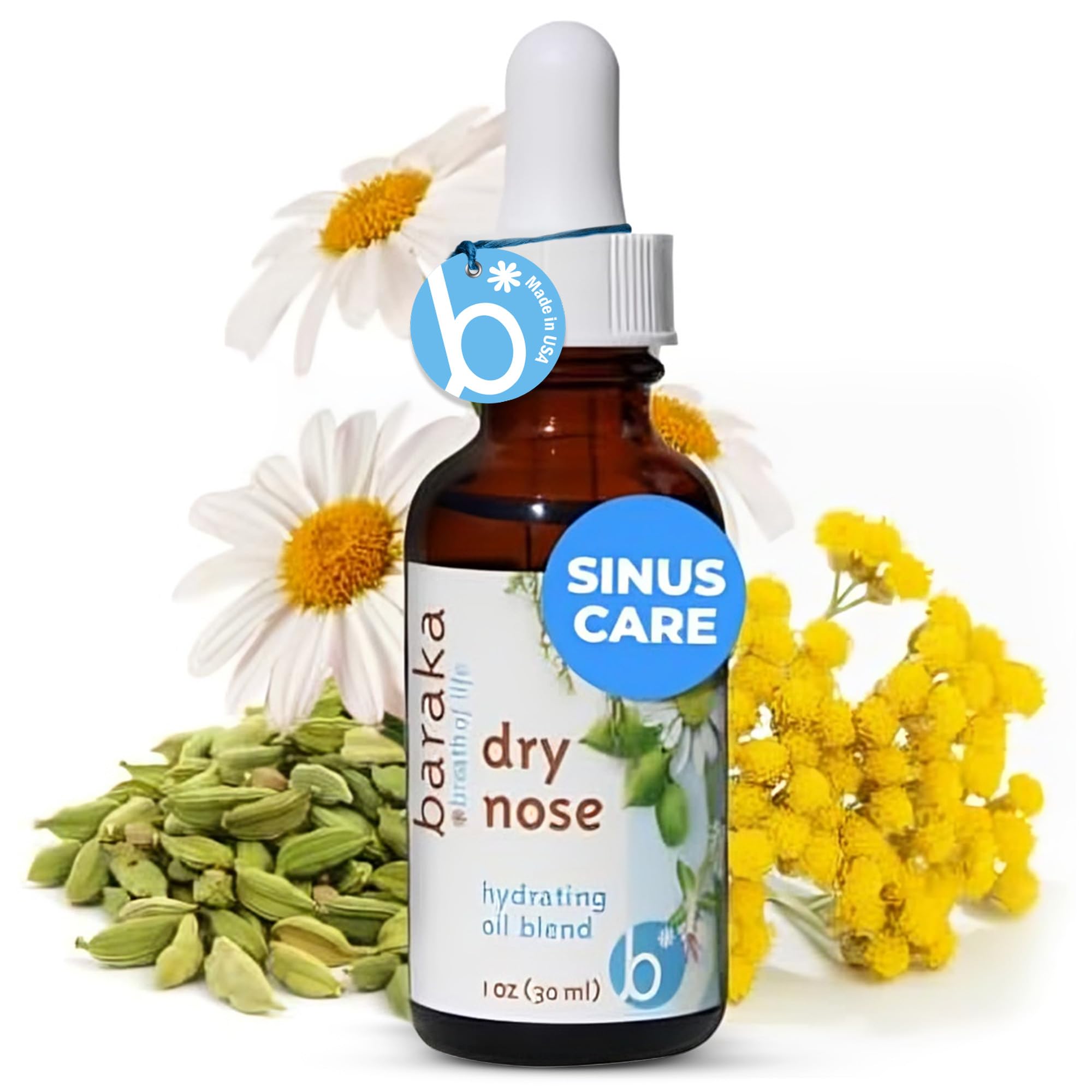 Baraka Dry Nose Nasal Moisturizer - Organic Essential Oils (Cardamom, Everlast, German & Roman Chamomile) in Sesame Oil Base - Hydrating Sinuses & Dry Nose - (1 oz Dropper Bottle)