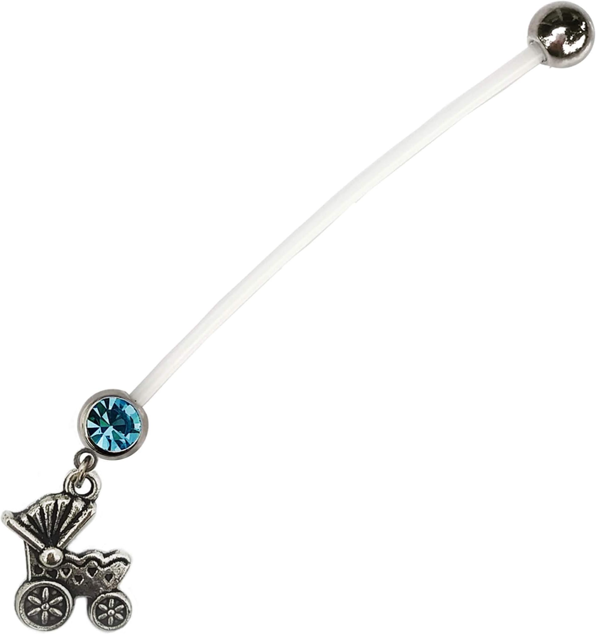 The Jewelry Archivist Stroller Gender Announcement Dangle 14g/1in BioFlex Maternity Pregnancy Pregnant Navel Bio Flex Navel Belly Ring