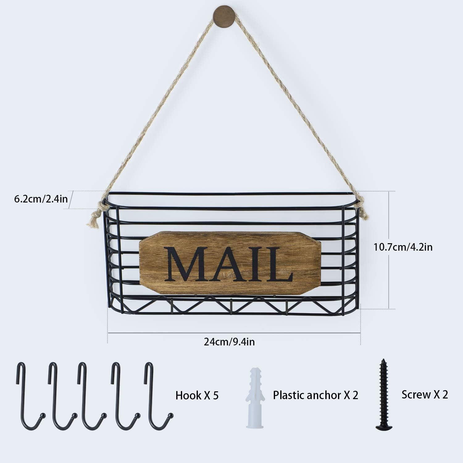 SRIWATANA Mail Key Holder, Mail Organizer Wall Mount, Small Size Hanging Mail Letter Basket with 5 Hooks, Carbonized Black: Home & Kitchen