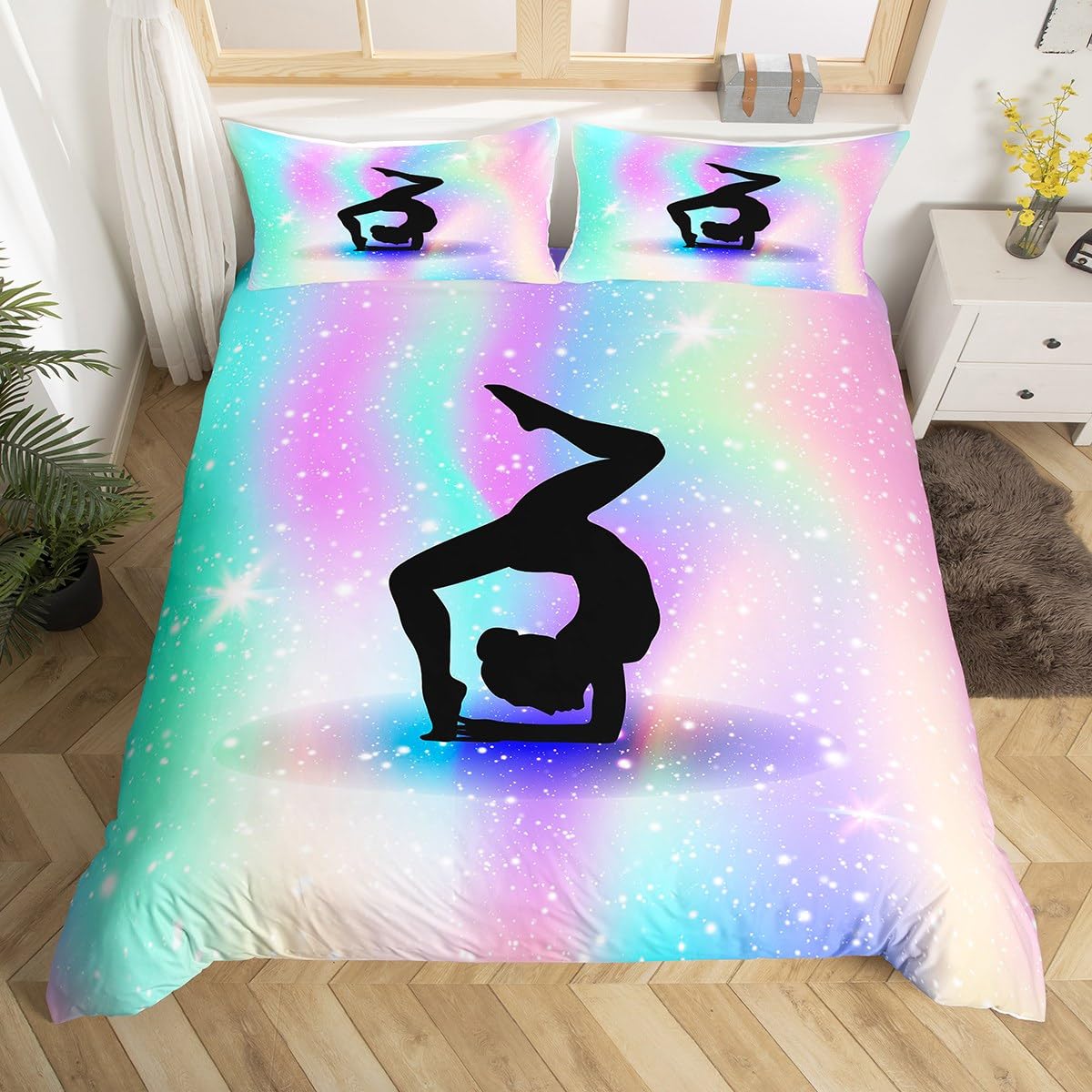 Space Star Glitter Bedding Set Single, Gymnastics Comforter Cover Gymnast Gifts for Girls Kids, Gymnastics Lover Duvet Cover Tie Dye Starry Sky Bedspread Cover Rainbow Room Decor, Purple Teal