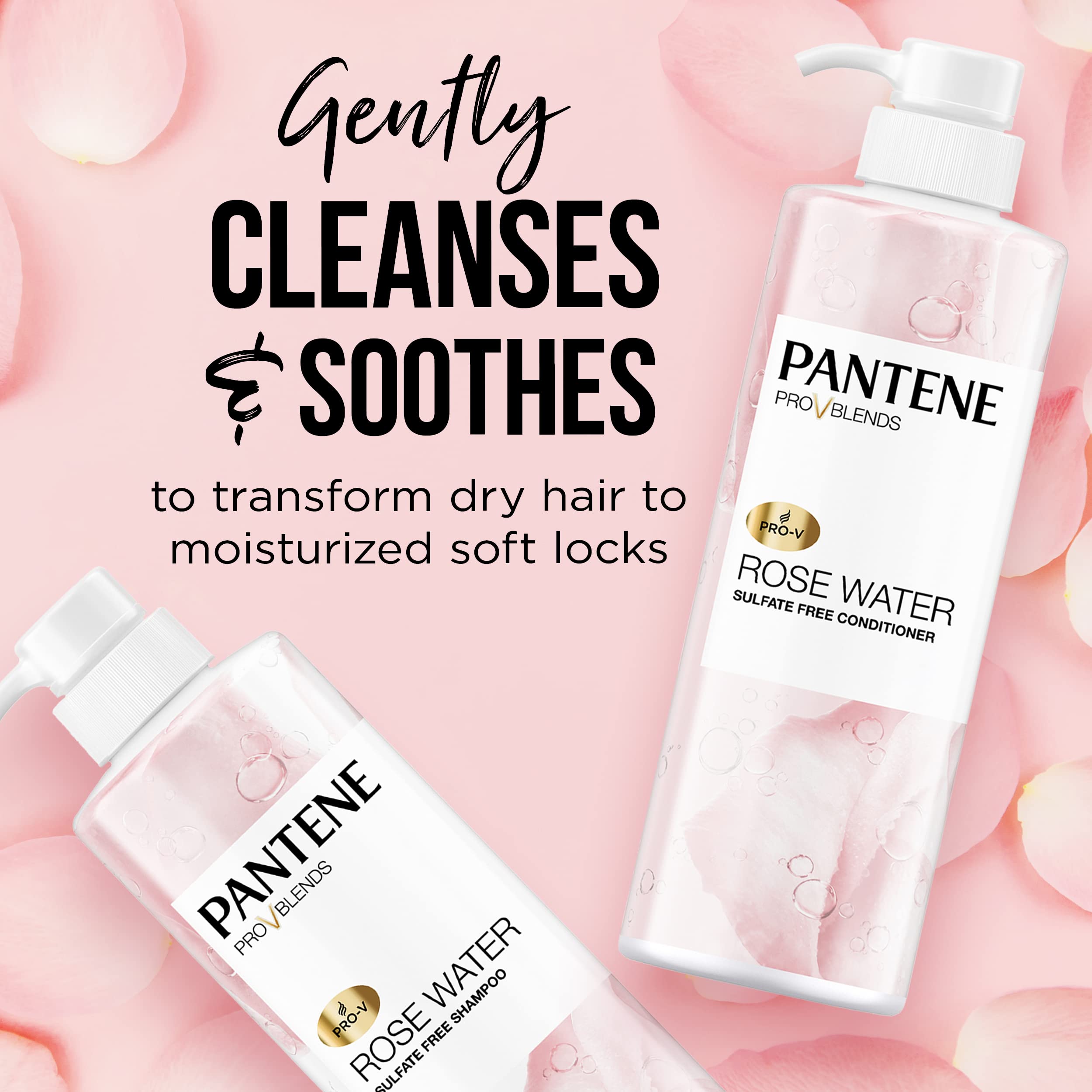 Pantene Sulfate Free Shampoo and Conditioner Set, Rose Water, Soothing and Moisturizing, Infused with Vitamin B5, for all Hair Types, Safe for Color Treated Hair, Pro-V Blend, 17.9 Fl Oz Each, 2 Pack