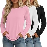 Ficerd 3 Pack Women's Long Sleeve Shirts Crew Neck Casual Tops Loose Fit Tee 2026 Basics Blouses Curved Hem Design