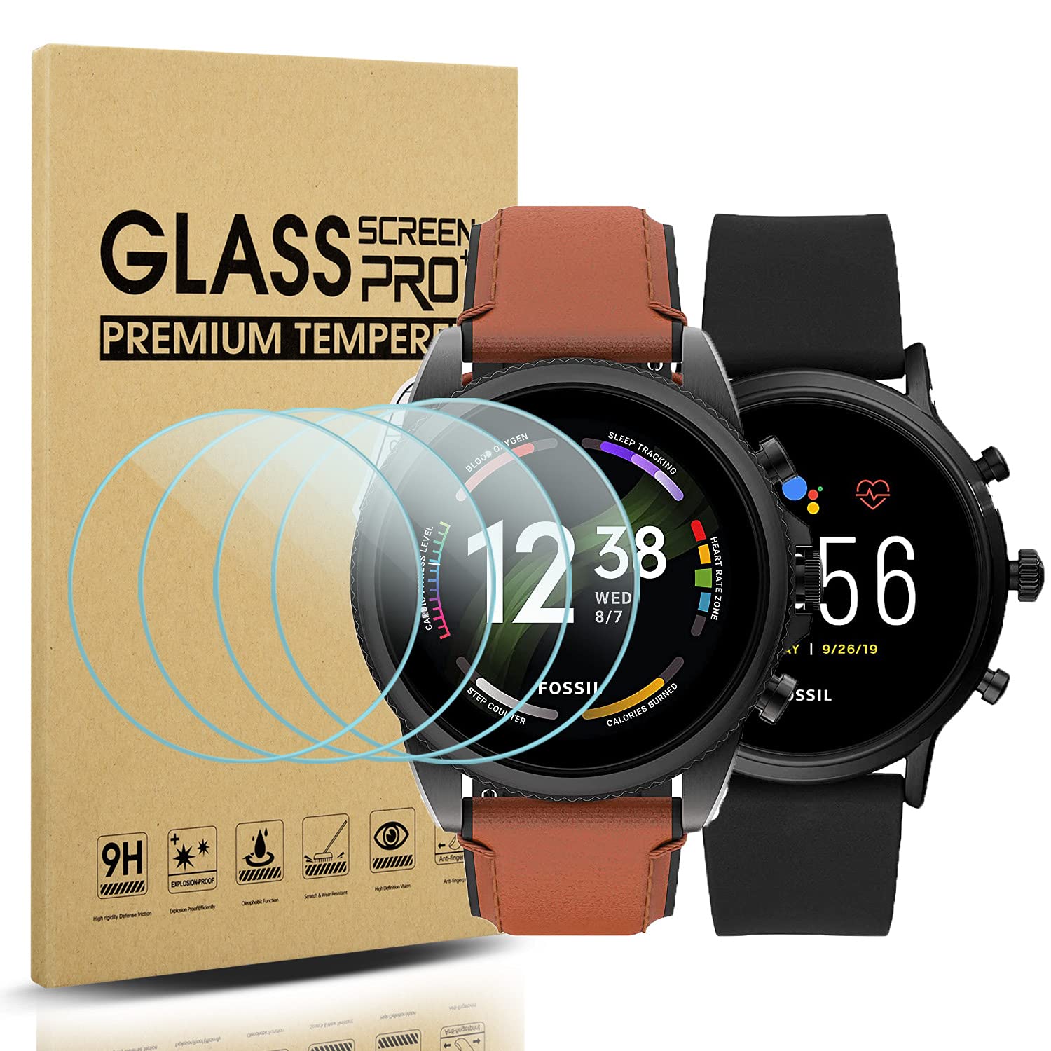 Diruite 4-Pack for Fossil Gen 6(2021)/Gen 5(2019) Screen Protector Tempered Glass[2.5D 9H Hardness][Anti-Scratch][Optimized Version]