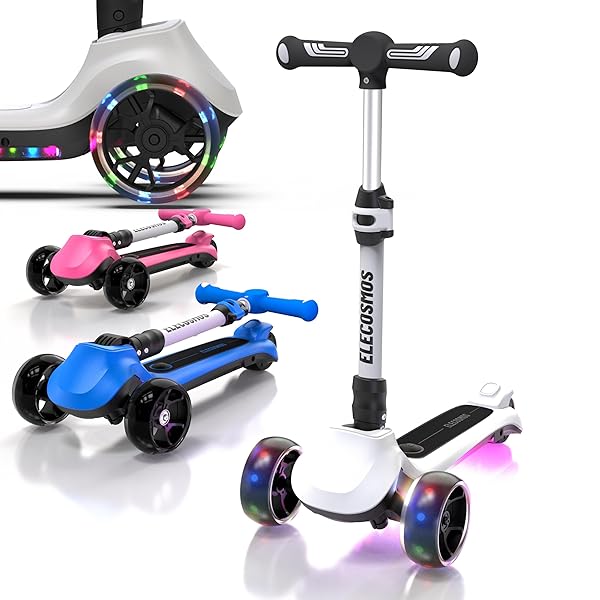 ELECOSMOS KIDS ELECTRIC SCOOTER FOR AGE 4-9, LIGHT UP 3 WHEELED SCOOTER WITH BIG LED WHEELS, FLASHING DECK, 3 ADJUSTABLE HEIGHTS, LIGHT UP 3-WHEELS SCOOTERS, BALANCE TRAINING SCOOTER FOR KIDS, BLUE