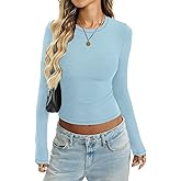 EasyGala Women Cotton Ribbed Long Sleeve Shirts Crew Neck Tight Tees Sexy Fitted T-Shirt Fall Basic Layer Clothes 2026