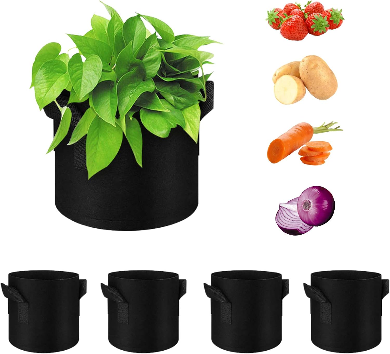 WHATWEARS 5 Pack 5 Gallon Plant Grow Bags, Thickened Nonwoven Fabric Pots with Handles, Vegetable Planter Bags Containers