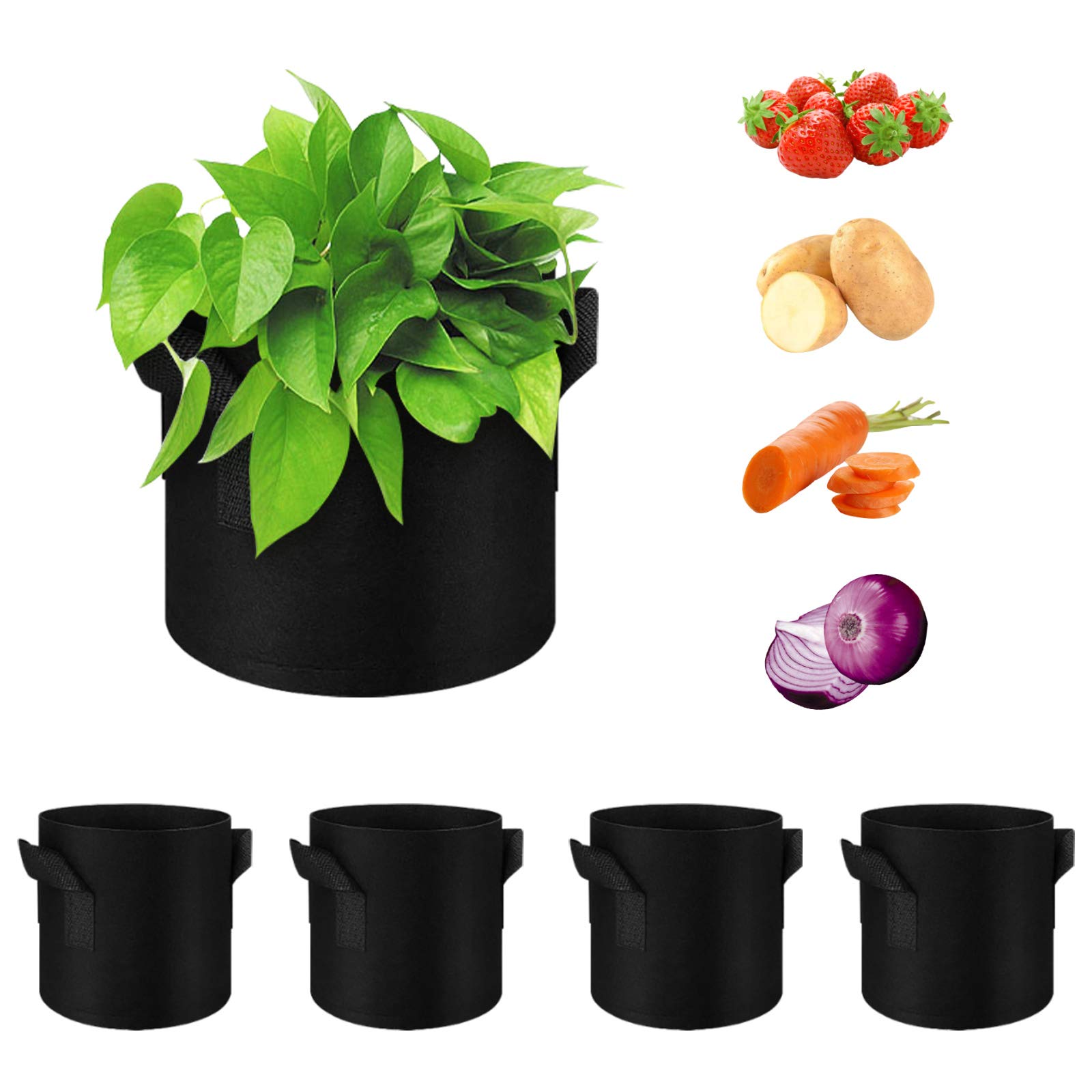 WHATWEARS 5 Pack 7 Gallon Plant Grow Bags, Thickened Nonwoven Fabric Pots with Handles, Vegetable Planter Bags Containers, Cloth Planters for Garden Vegetable/Flower/Plant/Fruits Outdoor(Black)