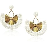 Anmpab Straw Fan Bohemian Tassel Earrings for Women Trendy Colorful Fringe Summer Beach Statement Earrings