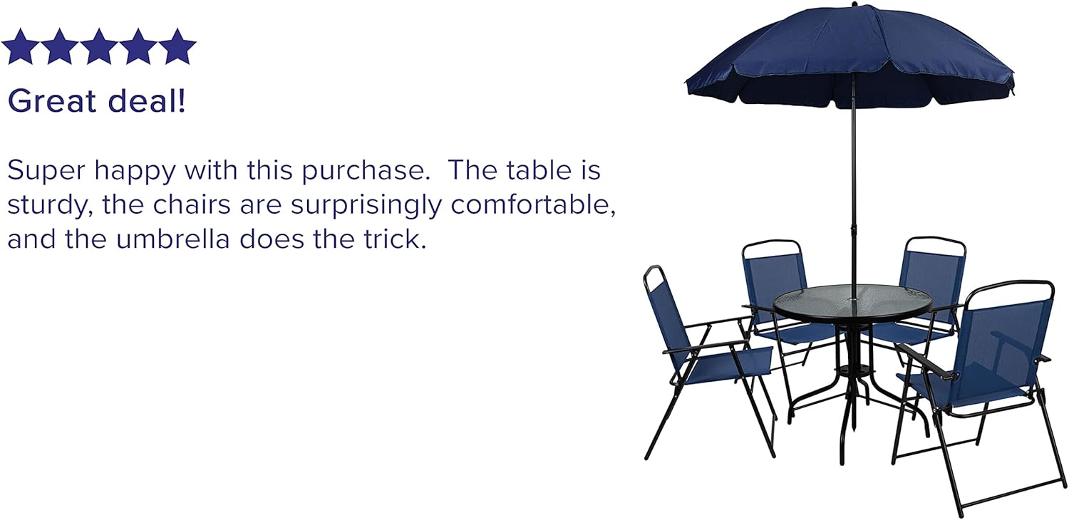 Flash Furniture Nantucket 6 Piece Patio Garden Table Set - Umbrella Table - Set of 4 Navy Folding Chairs : Garden & Outdoor