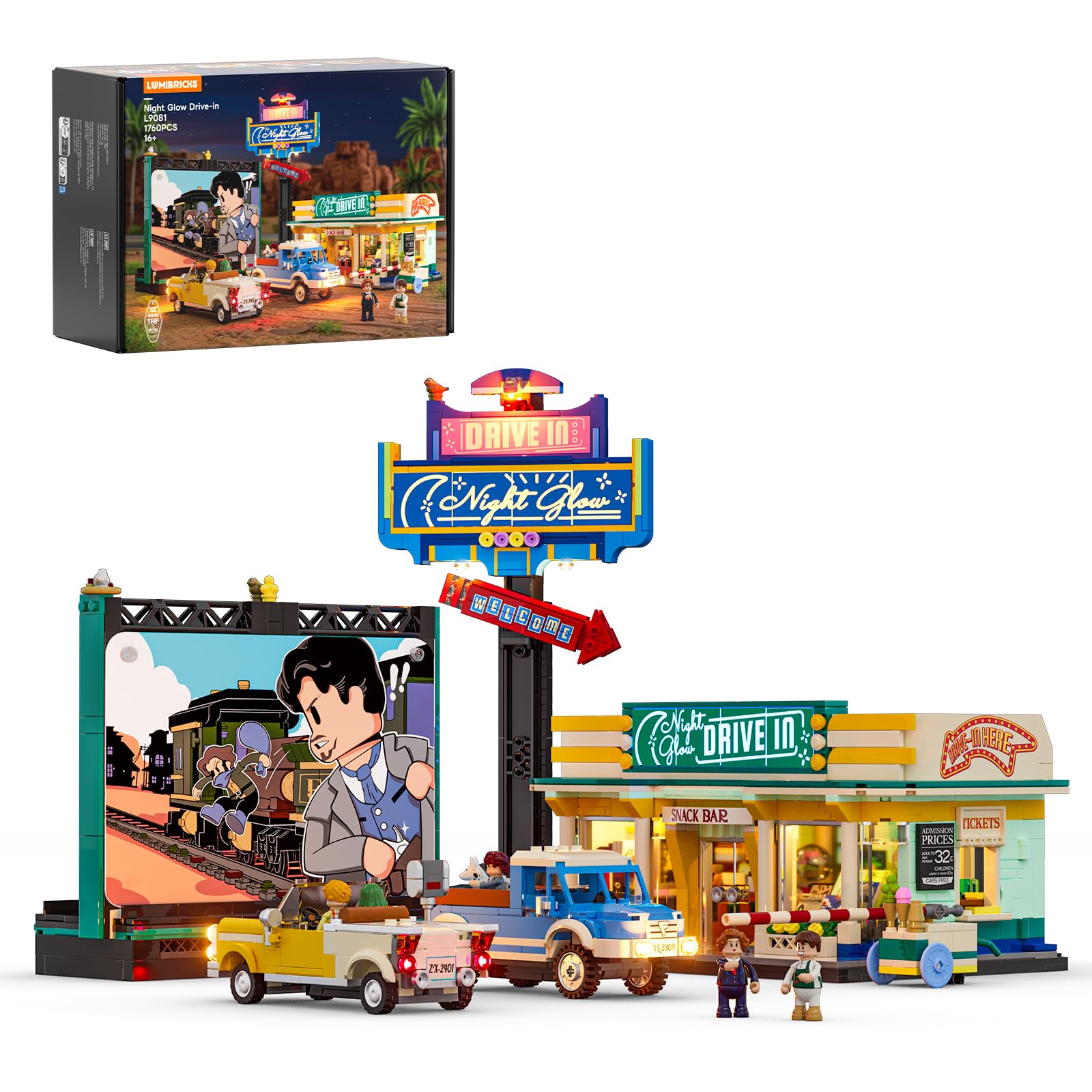 Photo 1 of Lumibricks City Drive-in Theater Lighting-Building-Bricks-Set - Road Trip Night Glow Car Cinema Modular Collection LED Light Building Set 1760 Pcs for Adults, Teen and Travelling Enthusiasts