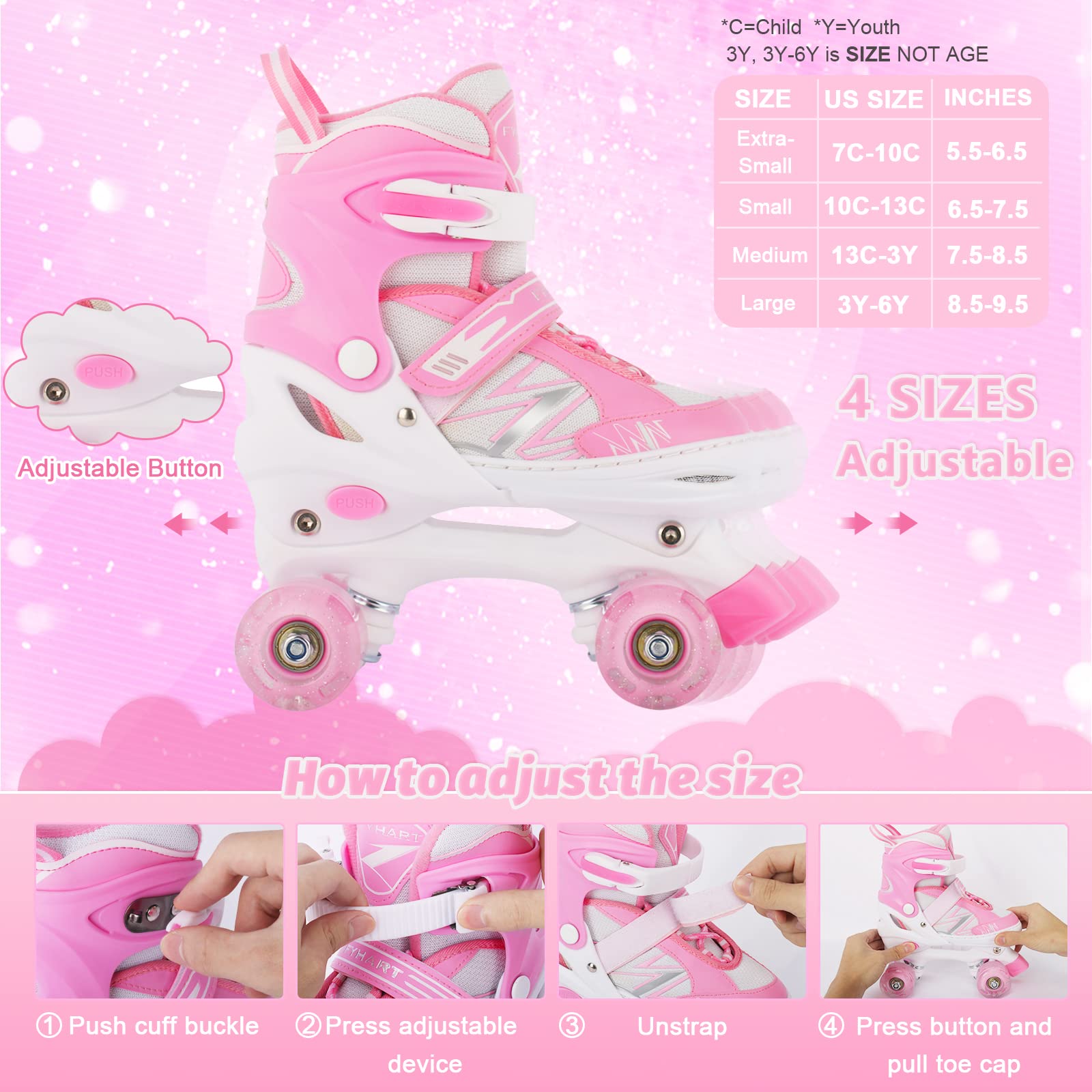 Kids Roller Skates for Boys Girls Beginner Toddlers, 4 Sizes Adjustable Roller Skates with Light up Wheels for Children, patines para niñas patins à roulettes Enfants Filles Garçons