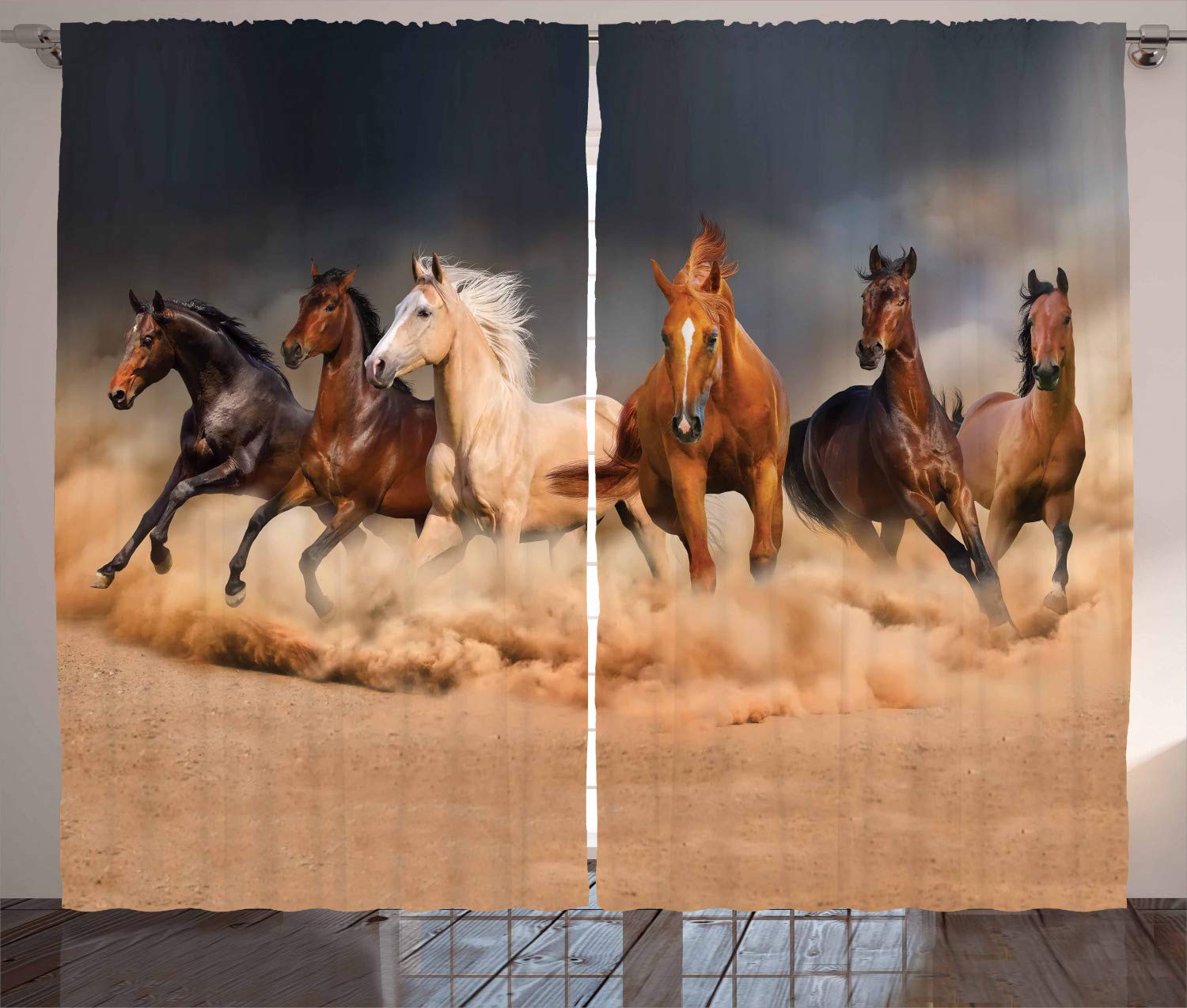 ABAKUHAUS Horse Curtains, Equine Themed Animals Galloping in the Sand Running Horses Pattern, Living Room Bedroom Window Drapes 2 Panel Set, 280 x 245 cm, Brown Sand