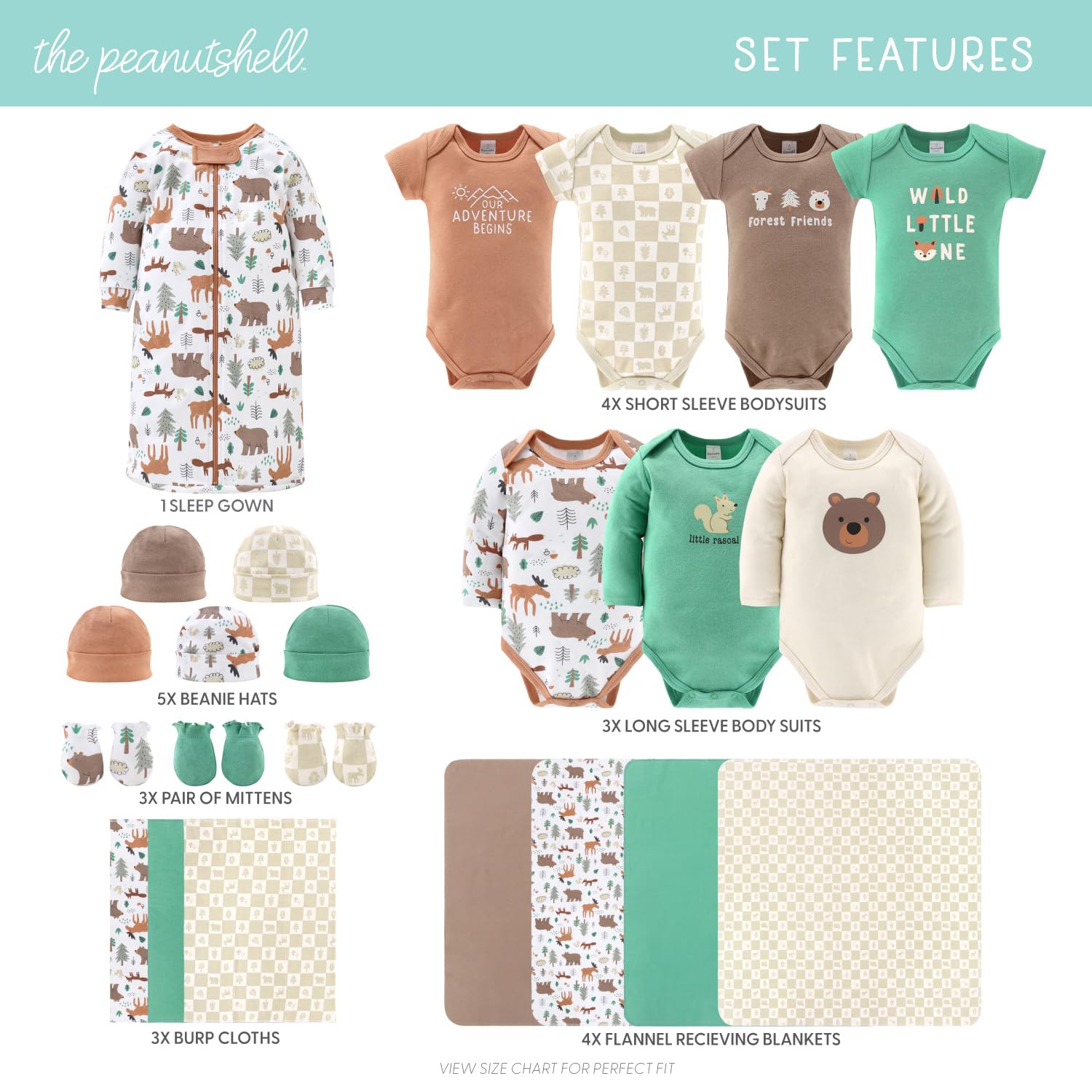 The Peanutshell Baby Layette Gift Set for Boys - 23 Piece New Born Boy Gift Set, Baby Clothes & Newborn Essentials Must Haves - Newborn Boy Clothes 0-3 Months - Wilderlust