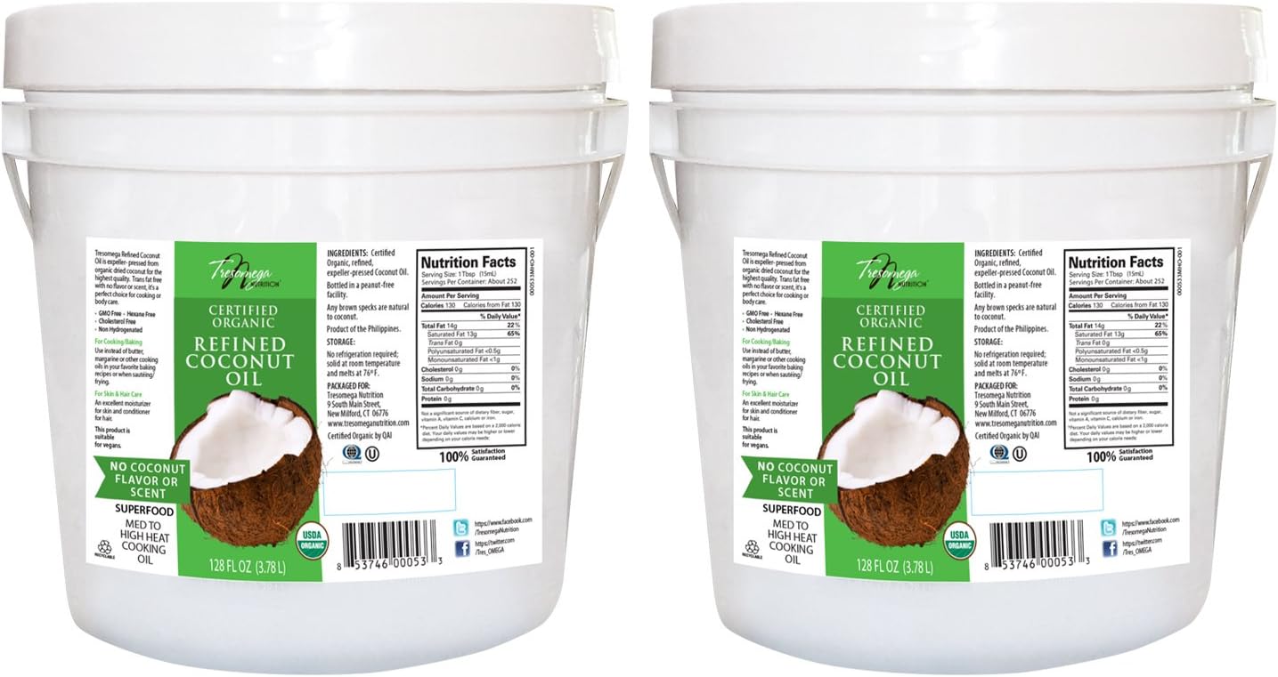 Tresomega Nutrition Organic Coconut Oil, Virgin and Refined, 128 Ounce (Pack of 2)