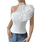 MakeMeChic Women's 3D Flower One Shoulder Tank Top Sleeveless Slim Fitted Shirt Tops