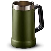 KooK Beer Stein, Stainless Steel Coffee Mug, Tumbler with Thermal Vacuum Insulation, Double Walled Drinking Cup, Large Handle, Shatterproof, Olive, 23.7 oz