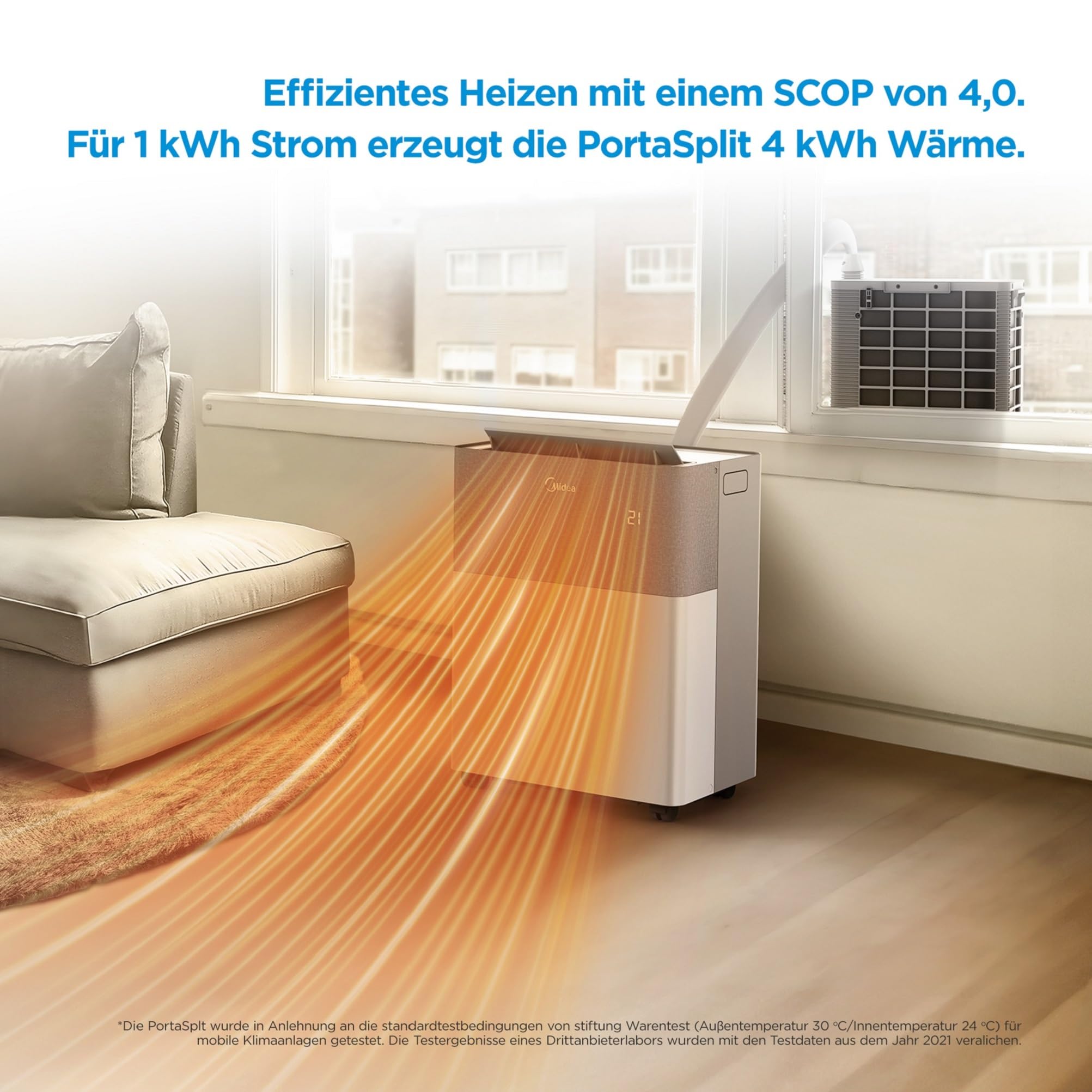 Midea Portasplit Mobile Wärmepumpe, Klimaanlage, Kühlen A++/Heizen A+, 12000 BTU 3, 5kW, für Räume bis zu 42 m² / 105 m³, nur 39 dB(A) im Silent-Modus 6