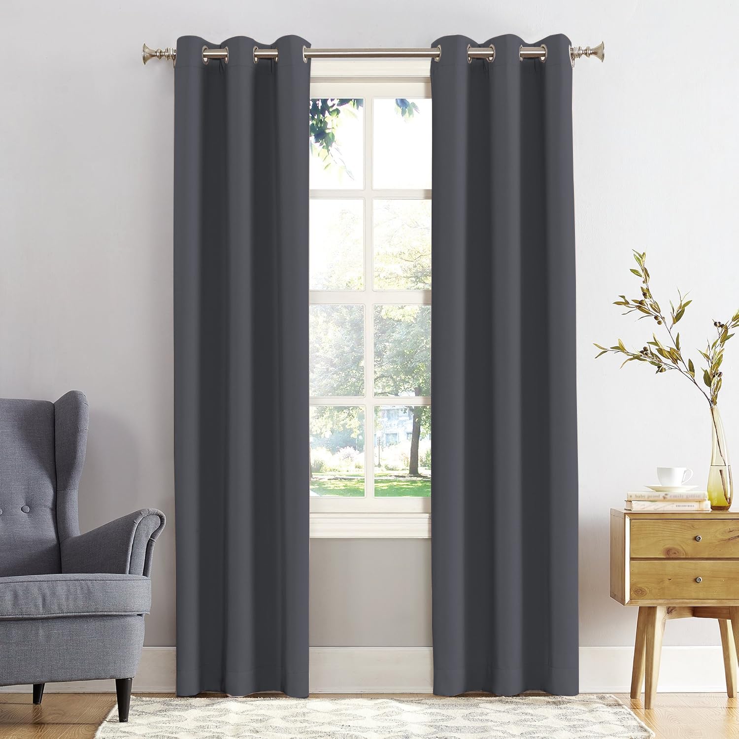 REHAN & CO Blackout Curtains for Bedroom Super Soft Thermal Insulated Black Out Eyelet Curtains with Tie Backs for Living Room, Kitchen Charcoal (W46 x L54 Inch 2 Panels)