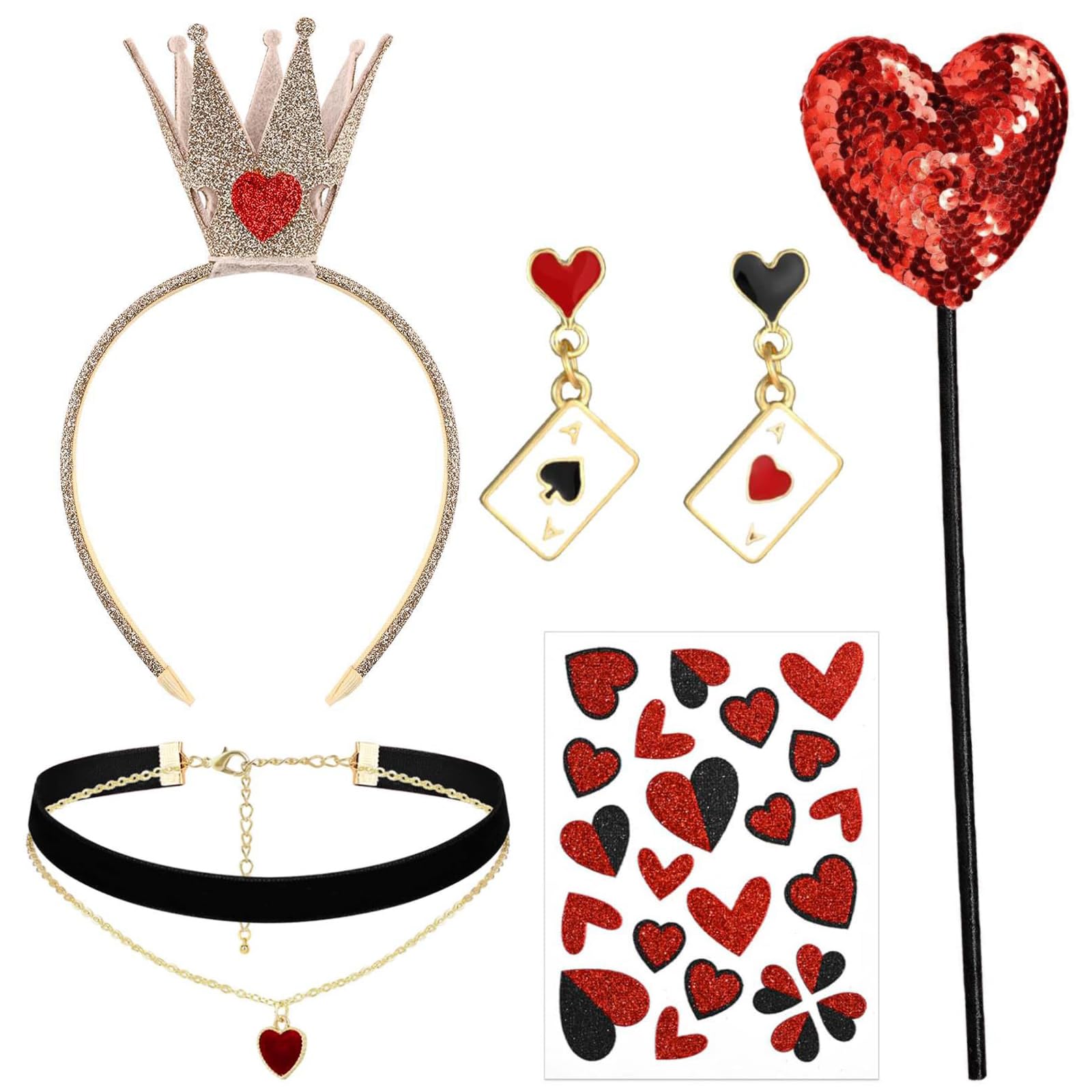 Kavoc 5Pack Queen Cosplay Accessories Set Includes Headband Red Heart Stickers Wand for Fancy Dress Up Supplies