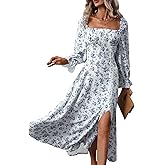 Relipop Women's Floral Puff Long Sleeve Maxi Dress Casual Square Neck Flowy Boho Split A Line Dresses