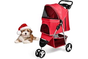 Wedyvko Pet Stroller, 3 Wheel Foldable Cat Dog Stroller with Storage Basket and Cup Holder for Small and Medium Cats, Dogs, Puppy (Red)