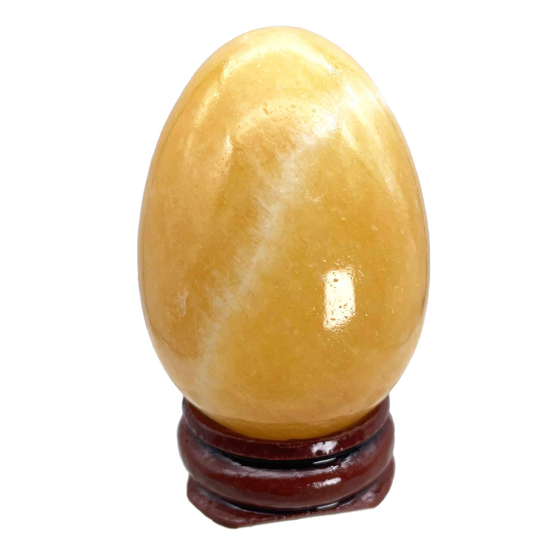 Ladeukoi Stone Egg Figurine, Polished Healing Crystal Easter Eggs Sphere Sculpture with Wood Stand, Cream-coloured Yellow Jade, 1.8"