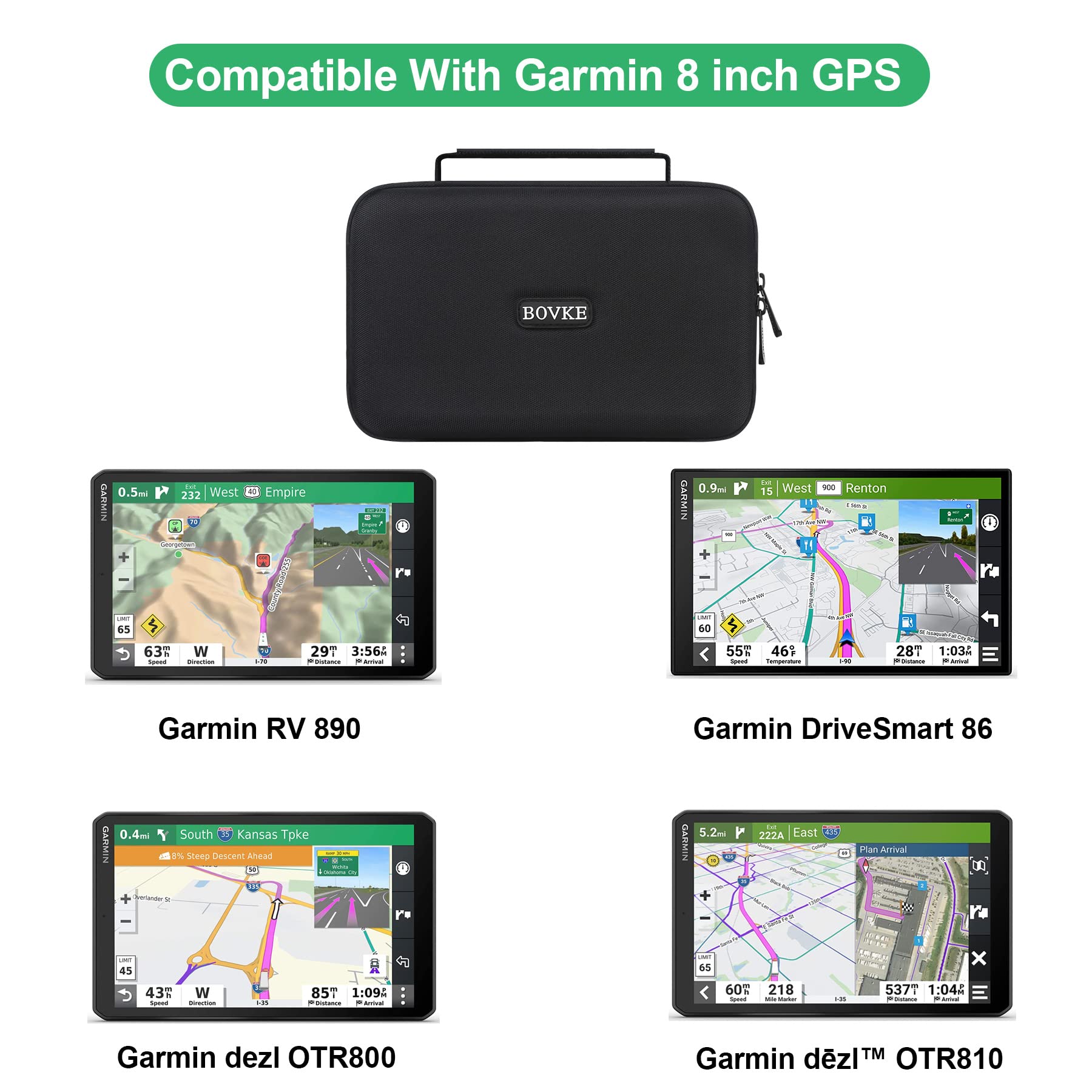 BOVKE Hard GPS Case for 8 Inch Garmin dezl OTR800 / dēzl OTR810 / DriveSmart 86 / Garmin RV 890 GPS Navigator System, Extra Space fit Charger, Friction Mount, USB Cables Accessories, Black+Black