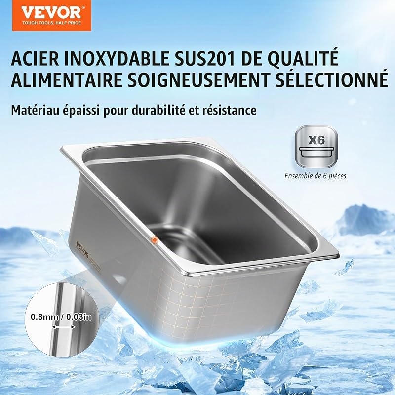 Bac Gastronorme GN 1/2 Lot de 6, Récipient Inox pour Bain-marie 0,8 mm d'Épaisseur, Bac Inox Alimentaire 14,8 cm Profondeur, pour Fours à Convection, Réfrigérateurs, Stockage, Restauration