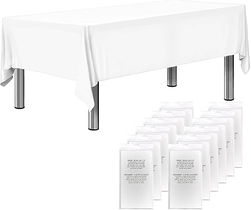 Sonluma 12 Pack 108" X 54" White Premium Disposable Plastic Tablecloth for 8ft Long Rectangle Tables, Waterproof Covers for Indoor or Outdoor Events & Parties