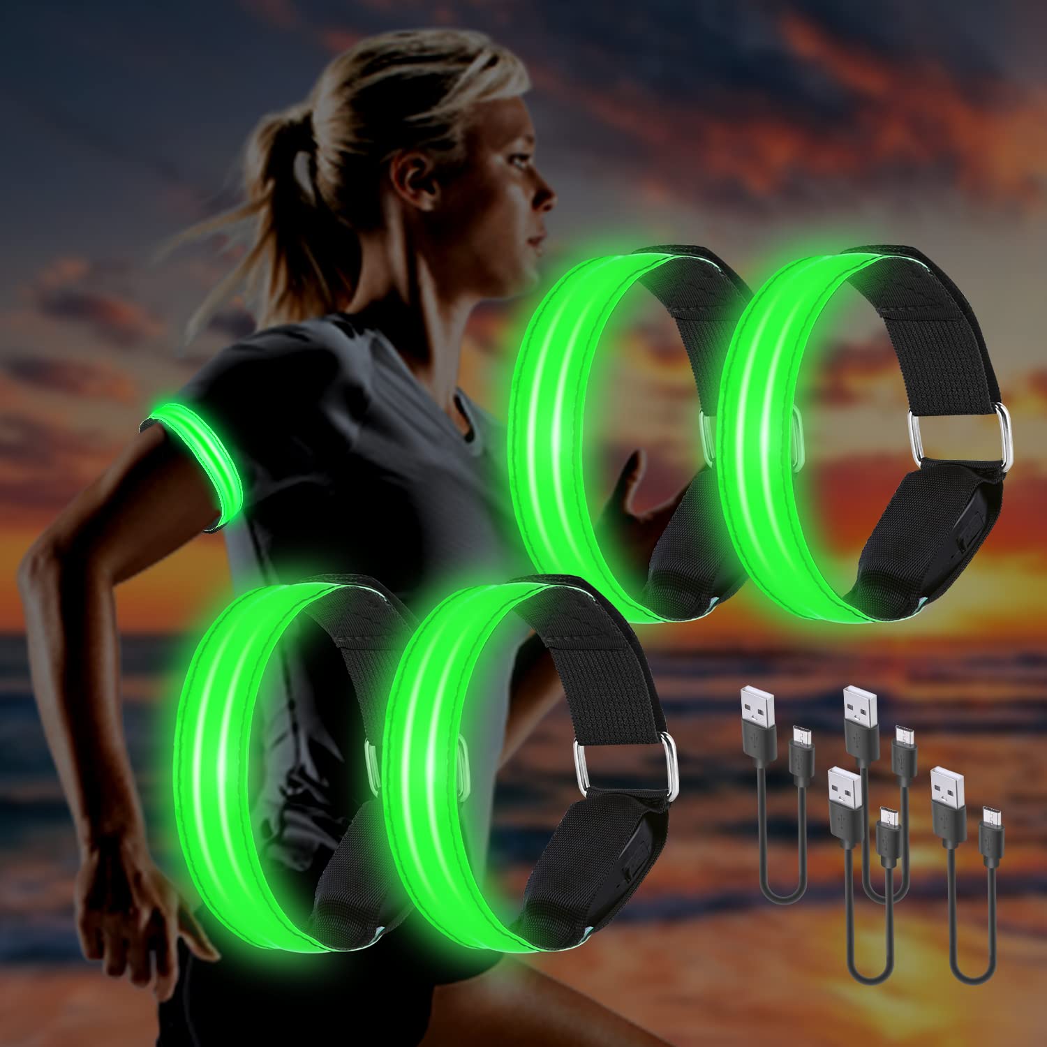 Molbory LED Bracelet USB, Pack of 4 LED Reflective Band Light Bracelet Running Bracelet Light Strip Children's Light Strips Reflective Band Light for Jogging Running Running Sports