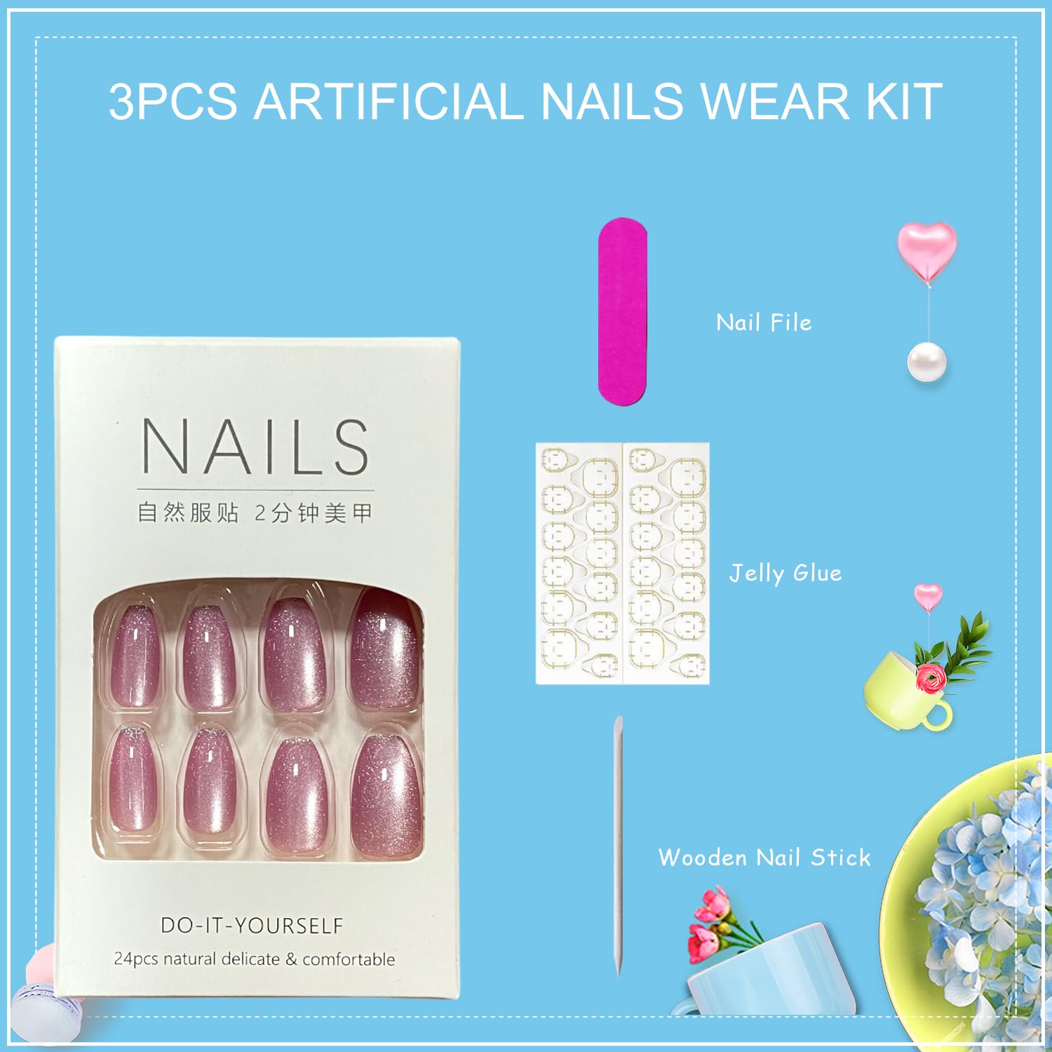 Tyuimhx Pink Cat Eye Press on Nails Medium Coffin Fake Nails Glossy False Nails With Glitter Designs Full Cover Stick on Nails Reusable Acrylic Artificial Nails for Women Glue on Nails 24 Pcs - Image 6