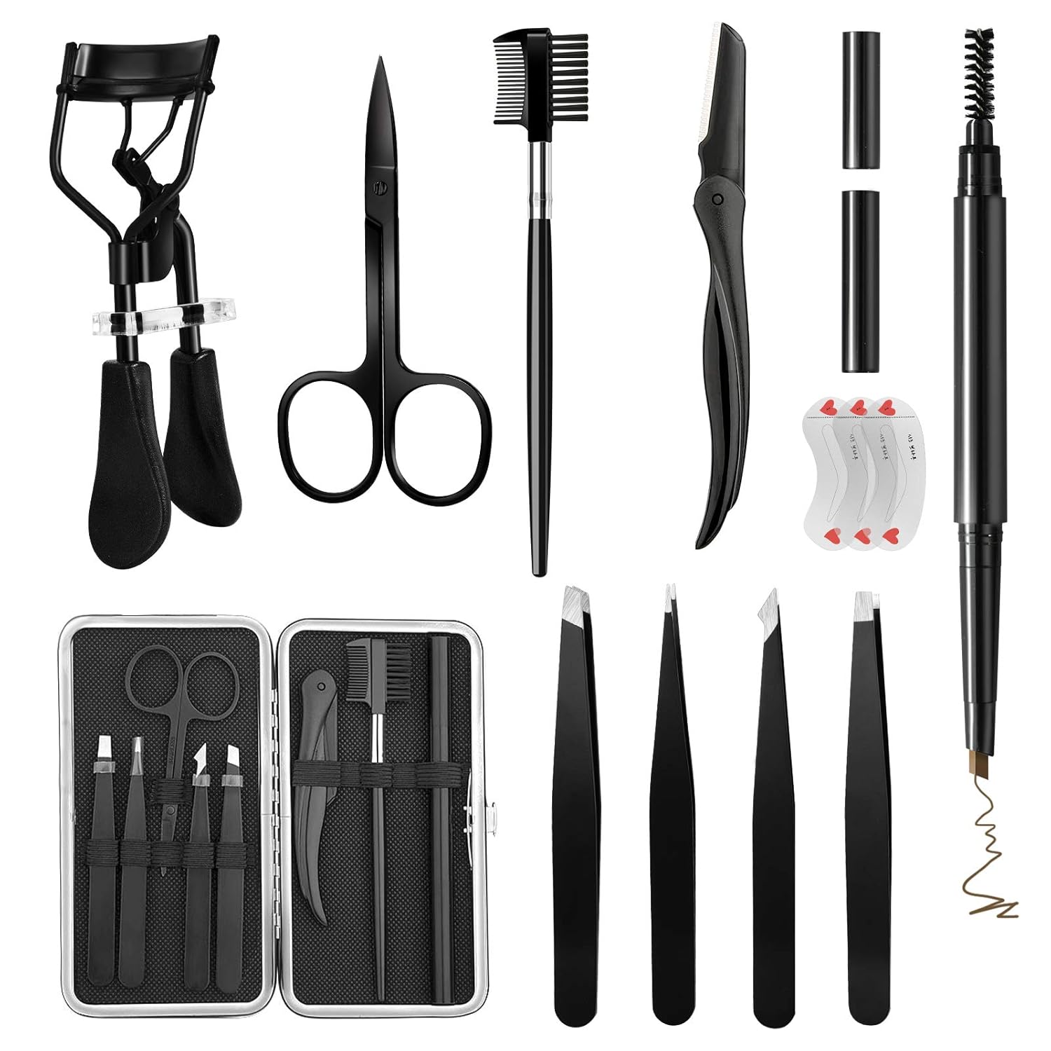 13Pcs Eyebrow Kit with Eyelash Curler, Eyebrow Grooming Trimming Kit with Eyebrow Razor Comb Scissors Tweezers Pen Stencil Shaper for Women: Beauty