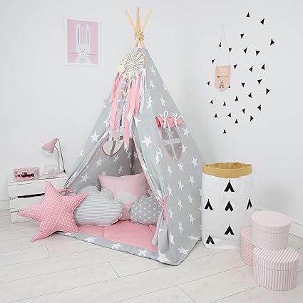 Solenzo Tipi Enfant Dentelle Rose Complet Pour Chambre De Fille Gris Et Rose Etoile Avec Coussins Et Matelas Amazon Fr Cuisine Maison