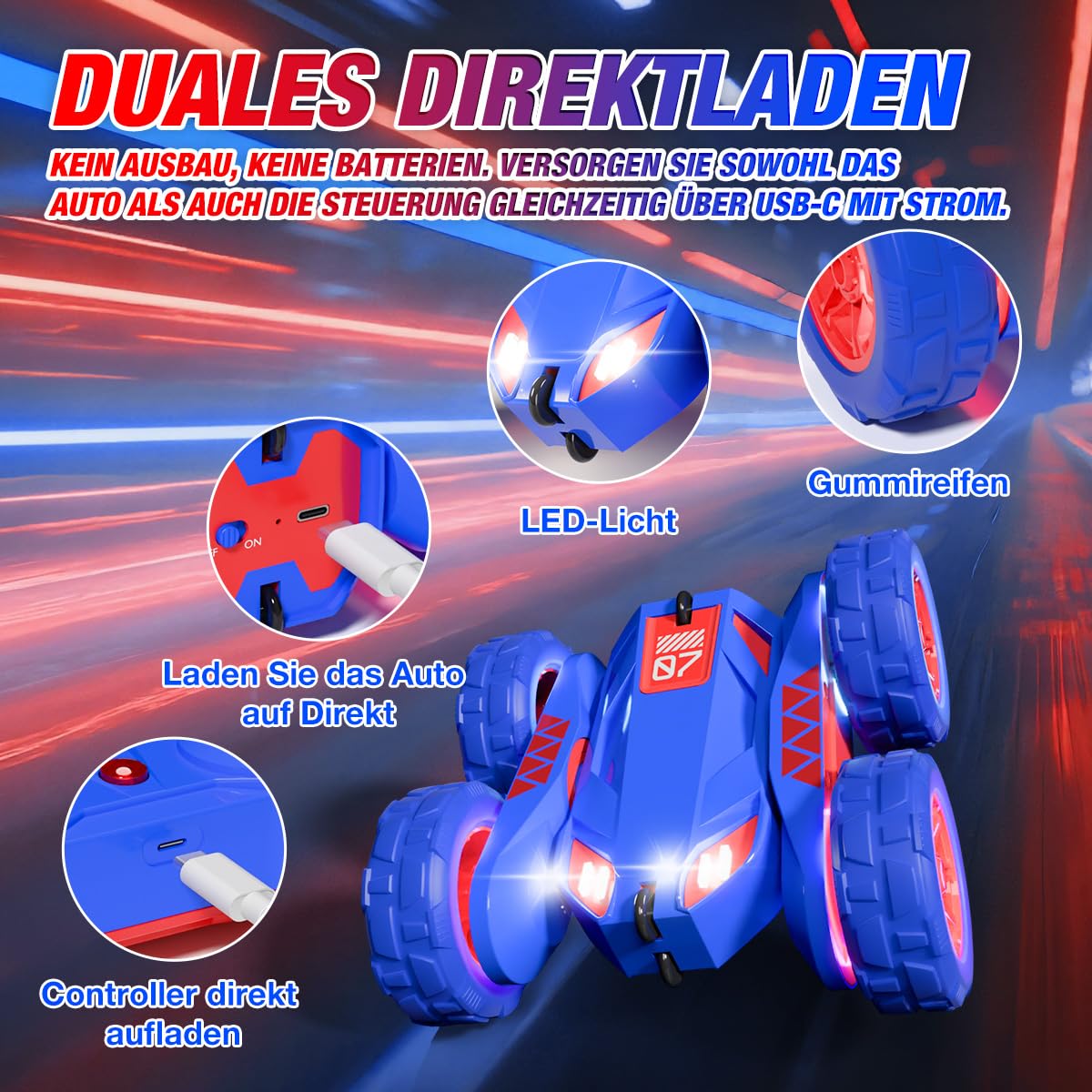 Duales Direktladung Ferngesteuertes Auto,Lädt Auto und Controller über USB,2.4G 360°Drehung Monster Truck mit Buntes LED-Licht,4WD Stunt Spielzeugauto Geschenk für Kinder Jungen Mädchen ab 3-12 Jahre 2