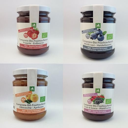 Bio-Fruchtaufstrich/Marmelade (80% Frucht) ohne Zuckerzusatz - 4x210g: Erdbeere, Aprikose, Waldfrüchte, Heidelbeere