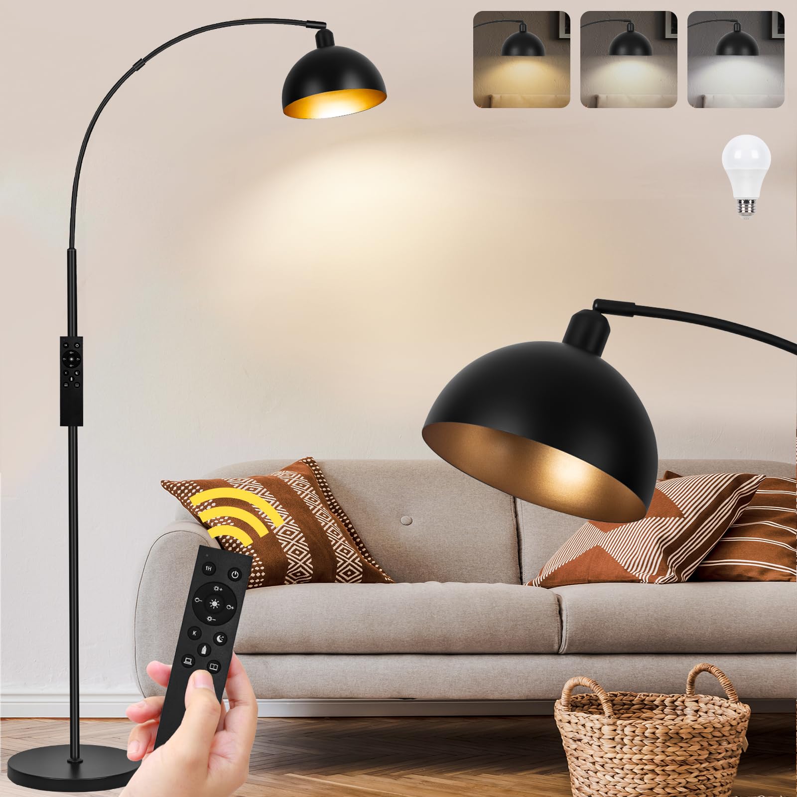 Photo 1 of ?Upgraded?Black Arc Floor Lamps for Living Room - Dimmable Arched Floor Lamp with Remote Control & 2700-6000K 9W LED Bulb Included, Modern Arch Standing lamp, Industrial Tall Lamp for Bedroom Reading