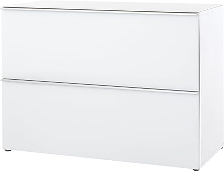 Germania Kommode 2379-84 GW-Larino mit 1 Klappe und 1 Schubkasten, Fronten und Oberboden aus Glas, Weiß, 100 x 73 x 45 cm (Bx