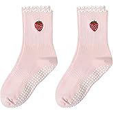 FIYIGO Pilates Yoga Grip Socks for Women, Bow-Patterned Ruffled Crew Socks Ideal for Fitness, Ballet Bar Work&Dance