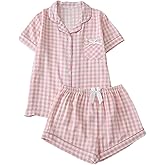 OYOANGLE Women's Plaid Pajama Set Short Sleeve Sleepwear 2 Piece Button Down Shirts Shorts Cute Pjs Sets