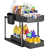 Omloon Under Sink Organizers and Storage,2 Tier Sliding Basket Bathroom Organizer, Under Cabinet Storage Rack with Hooks, Han