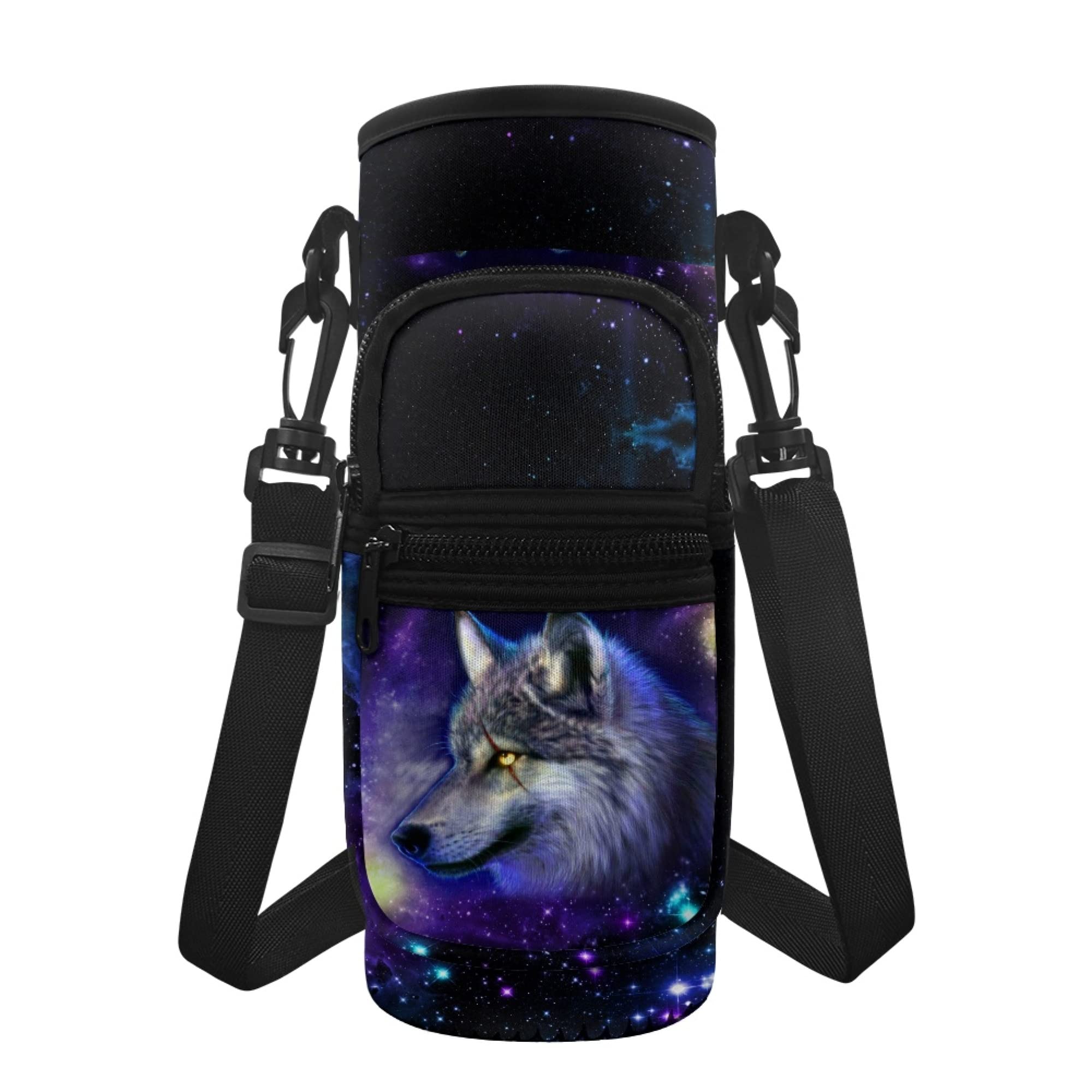 chaqlin Galaxy Blue Wolf Water Bottle Carrier Bag with Adjustable Shoulder Strap,Kids School Insulated Water Bottle Cover,Sports Bottle Bag for Stainless Steel/Glass/Plastic Bottles