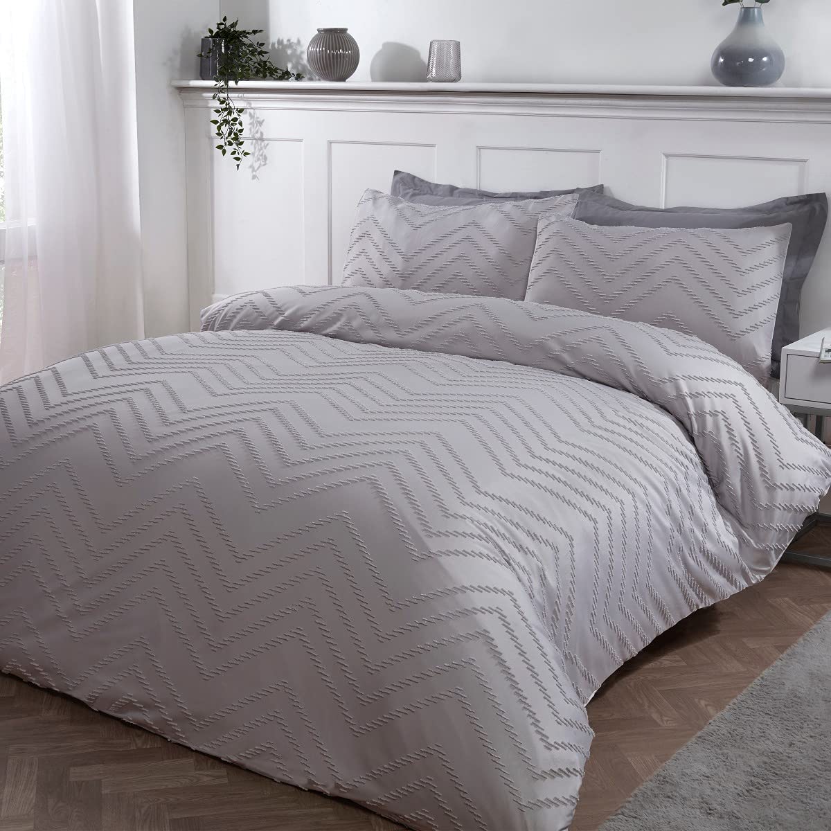 Sleepdown Tufted Wave Stripe Nordic Geo Grey Soft Cosy Easy Care Luxury Duvet Cover Quilt Bedding Set with Pillowcases - Double (200cm x 200cm)