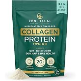 ZEN HALAL Hydrolyzed Collagen Peptides Powder for Men &amp; Women, 18g Protein | GrassFed Bovine Hydrolyzed Powder Supplement with Vitamin C &amp; Probiotic, Halal Collagen Peptides Type I &amp; III Unflavored