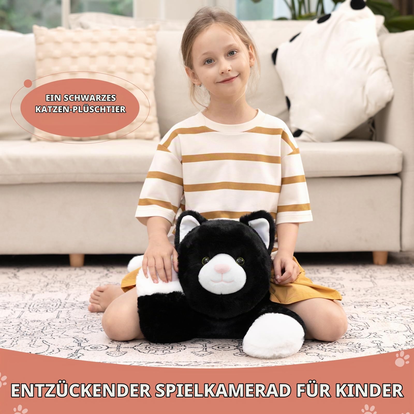 MorisMos Katze Plüschtier 80 cm Lang, Schwarzes Katzen Kuscheltier XXL, Weiches Plüschtier Katze Kissen, Liegende Katze Stofftier für Kinder, Mädchen, Jungen, Geburtstag Weihnachten Geschenk 4