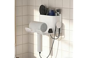 1pc Hair Dryer Holder With Plug Hook, Punch-Free Wall-Mounted Storage Rack, Space Saving Storage Accessories - White