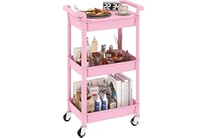Steehoom 3-Tier Utility Rolling Cart with Cover Top Board, Mobile Utility Cart with Lockable Casters Multi-Functional Storage Trolley for Office, Bathroom, Kitchen, Garden, Laundry Room (Pink)