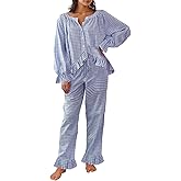 AINAC Womens Gingham 2 Piece Pajama Set Cute Cotton Puff Long Sleeve Babydoll Shirt and Ruffle Plaid Pant Pj Lounge Set